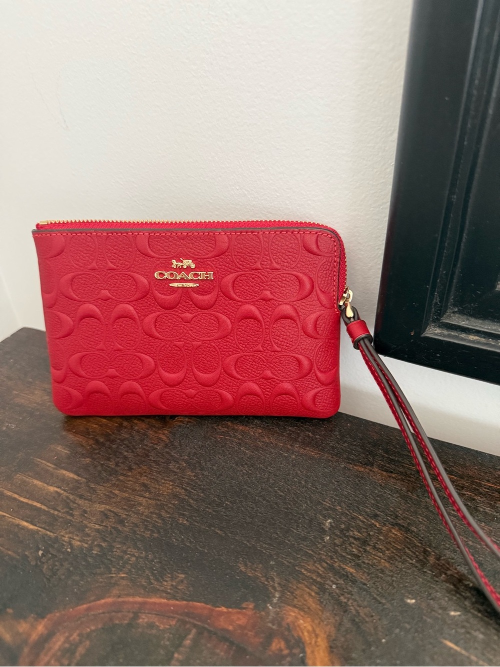 Coach Red Embossed Leather Wristlet with Gold Hardware